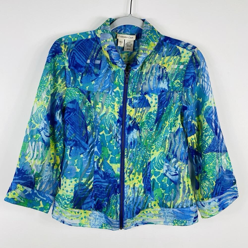 Coldwater Creek Size 6 Printed Burnout Full Zip Lightweight Jacket Blue Green